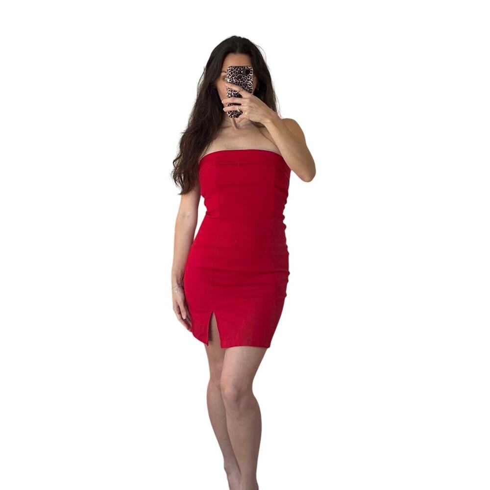 Hello Molly Linen Red Dancing On Air Strapless Mini Dress Size S